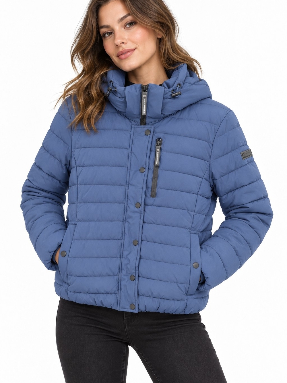 BCBGMAXAZRIA Feather-Free Hooded Puffer Jacket Blue Size Large winter chic